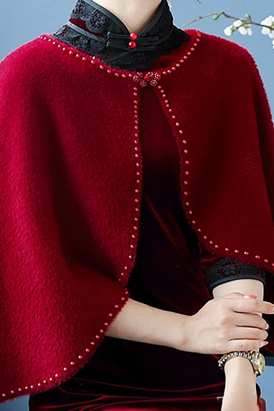 Red Pearly Eyelash Knit Cape Shrug