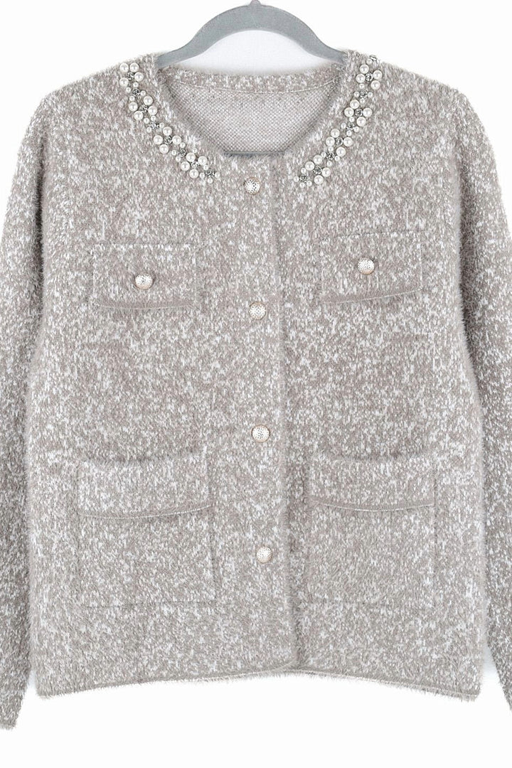 Mink Sparkling Collar Soft Knit Pocket Cardigan