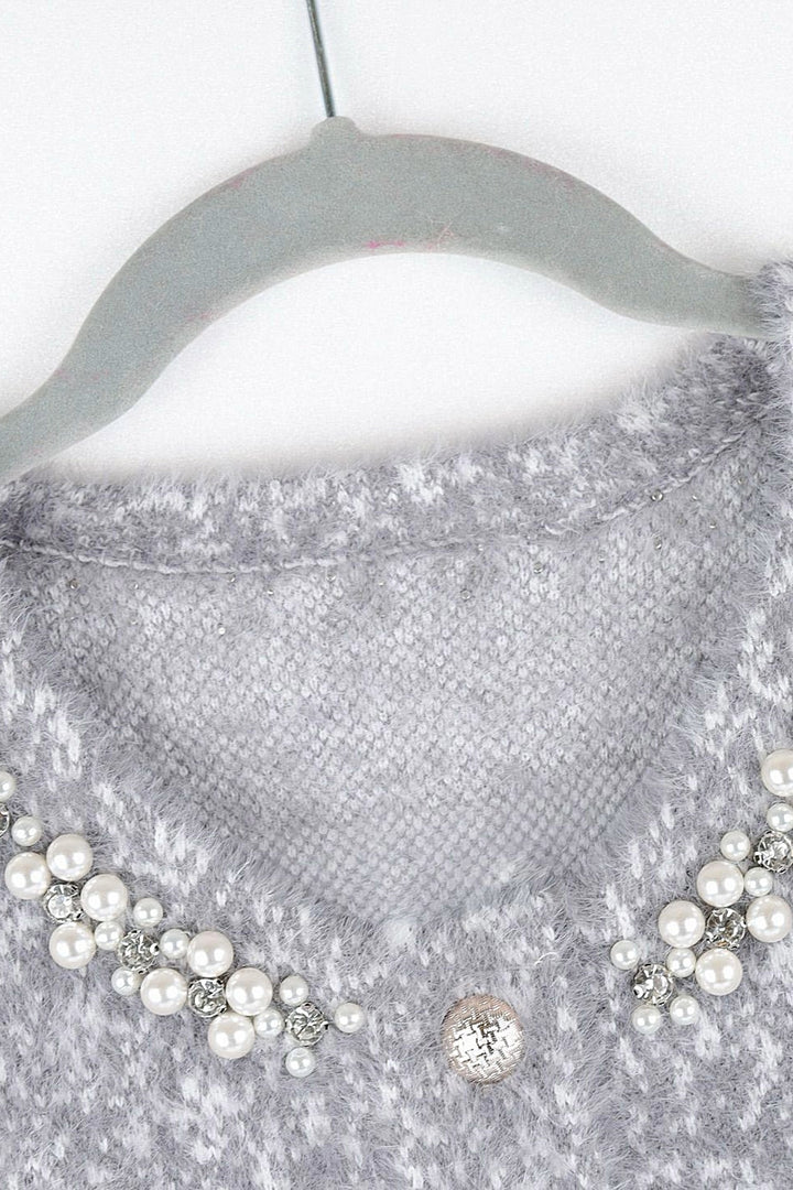 Grey Sparkling Collar Soft Knit Pocket Cardigan