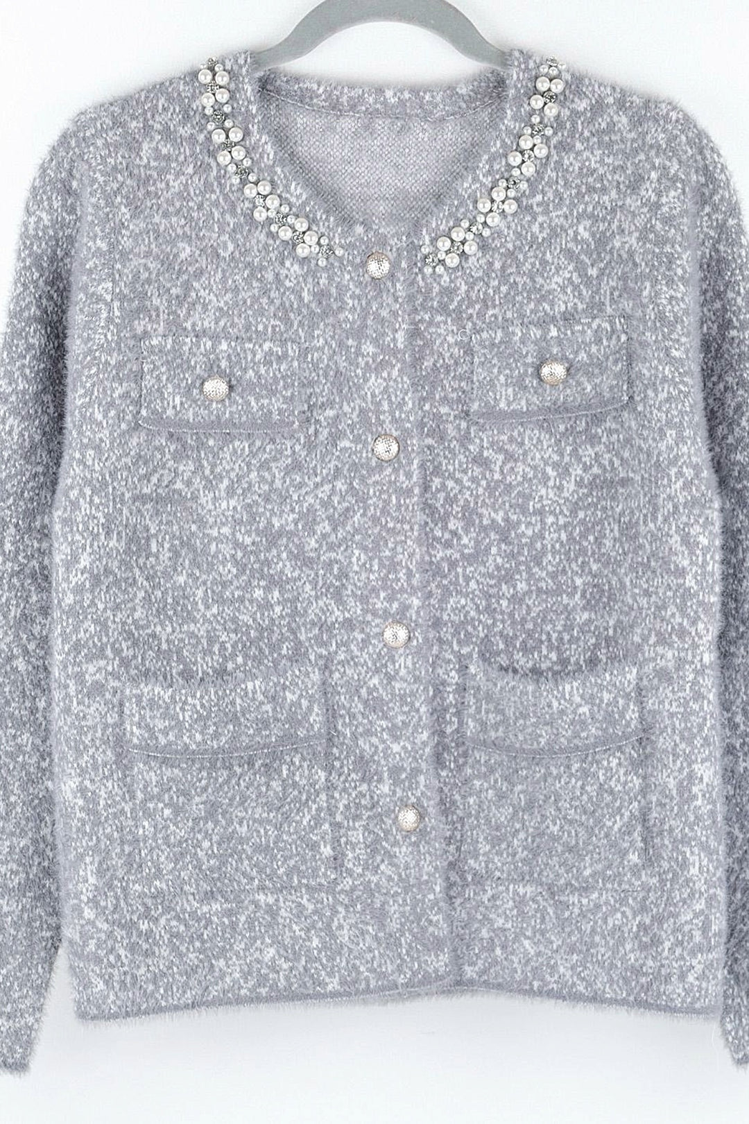 Grey Sparkling Collar Soft Knit Pocket Cardigan