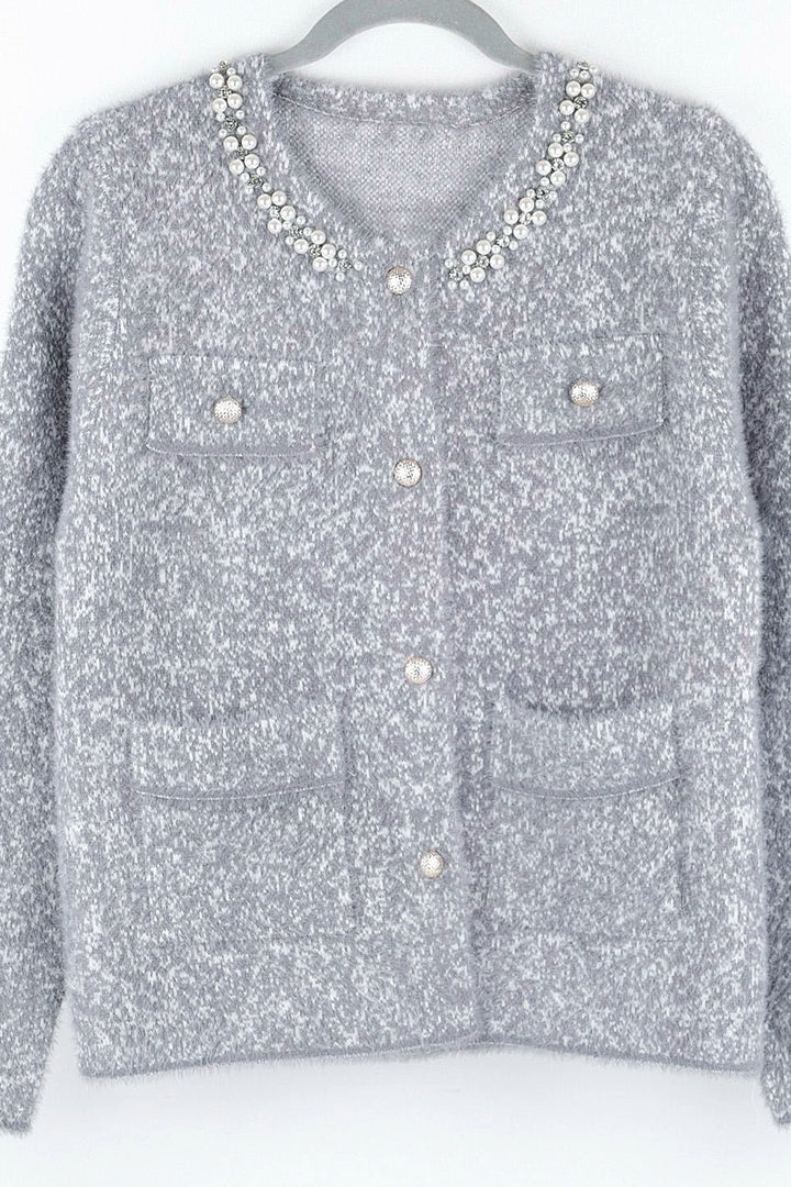 Grey Sparkling Collar Soft Knit Pocket Cardigan