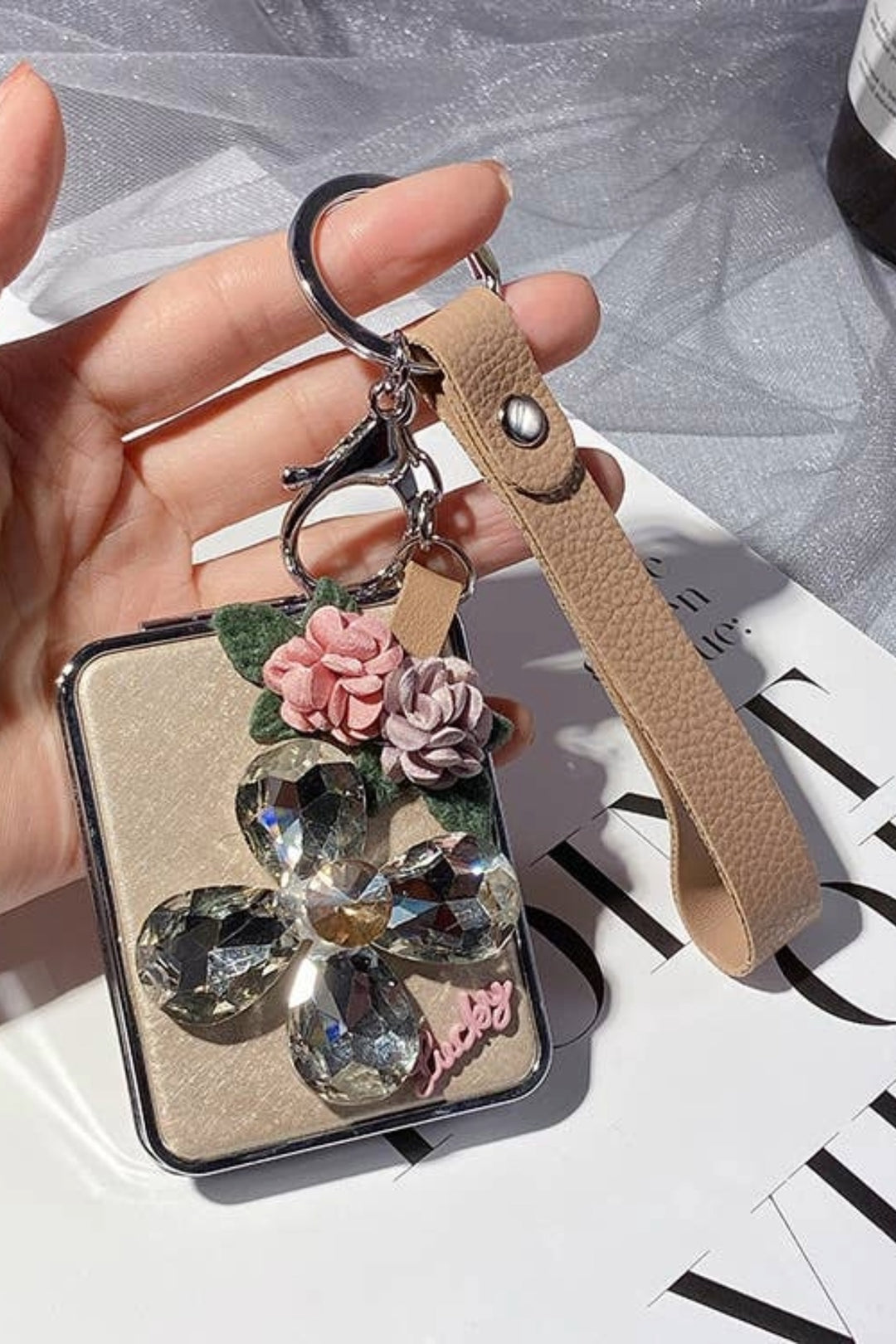 Gold Flower and Crystals Compact Mirror Keychain
