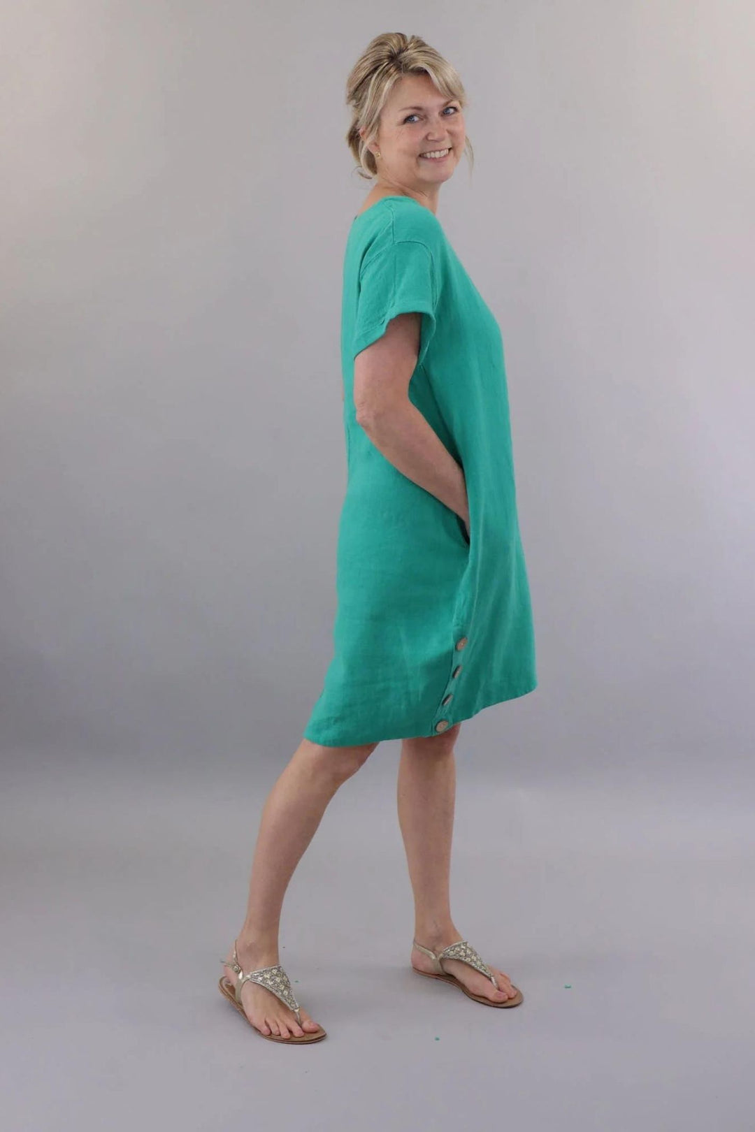 Sea Green Short Sleeve Linen Bubble Dress