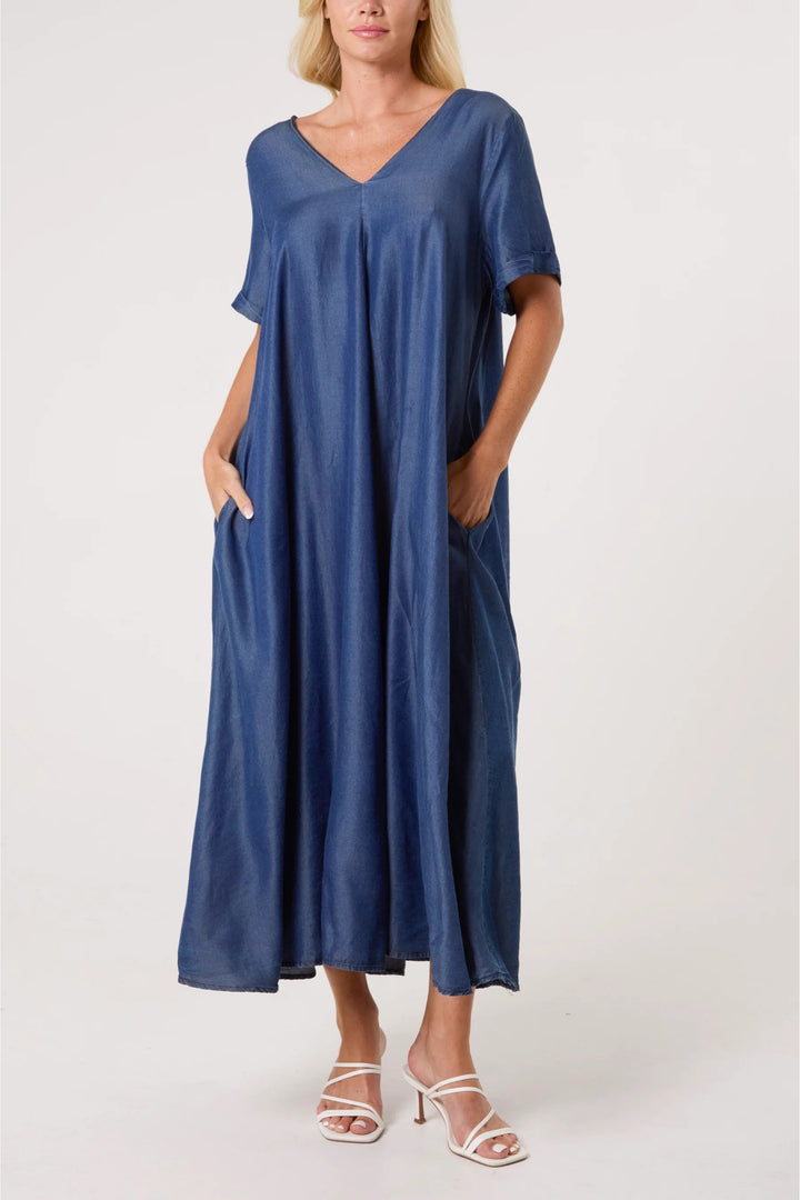 Dark Denim Tencel Double V-Neck Midi Dress