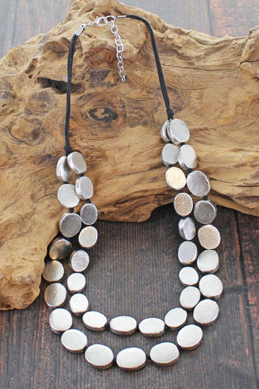 Silver Antiqued Disc Double Strand Necklace