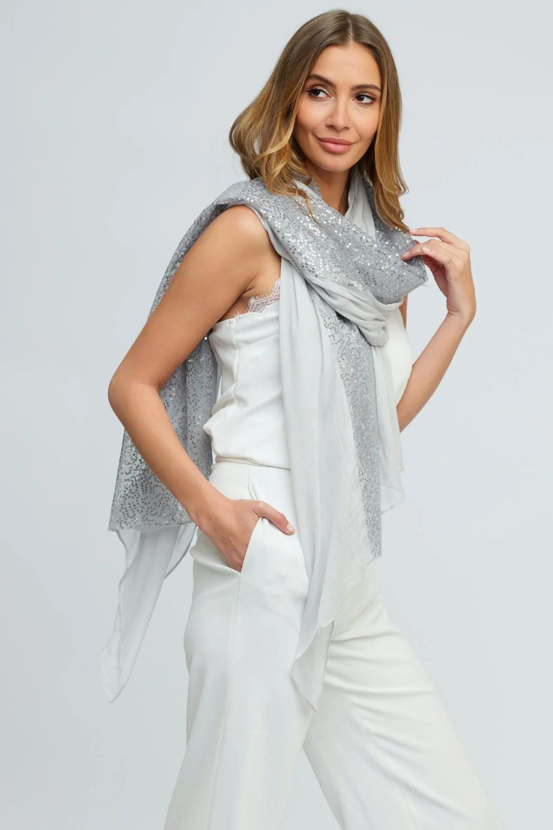 Silver Sequin Layered Shawl Scarf