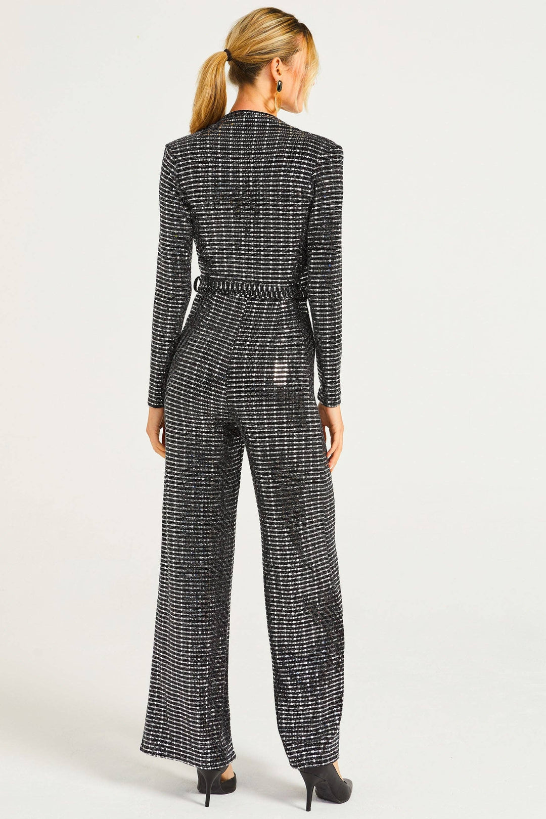 Silver Sequin Plunge Neck Faux Wrap Jumpsuit