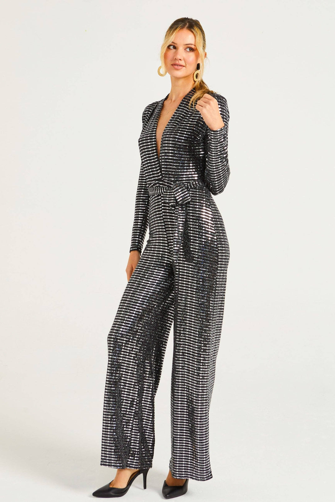 Silver Sequin Plunge Neck Faux Wrap Jumpsuit