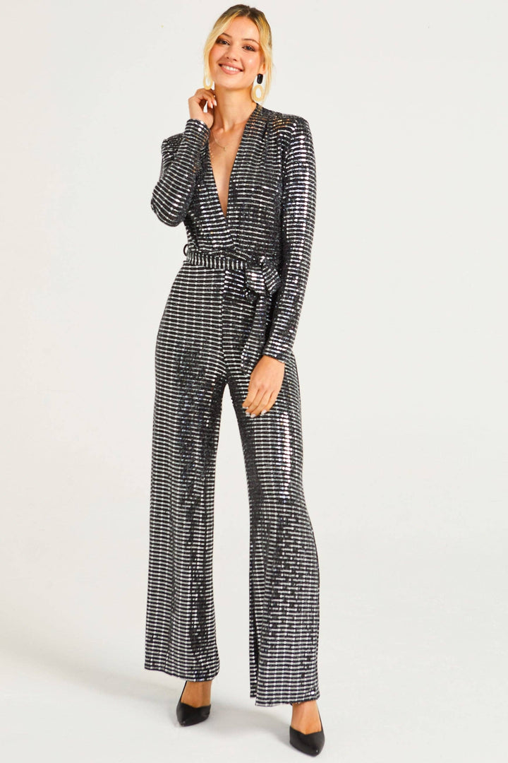 Silver Sequin Plunge Neck Faux Wrap Jumpsuit