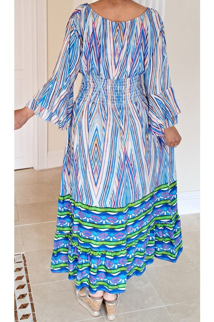 Sky Blue Chevron Striped Shirred Wait Dress