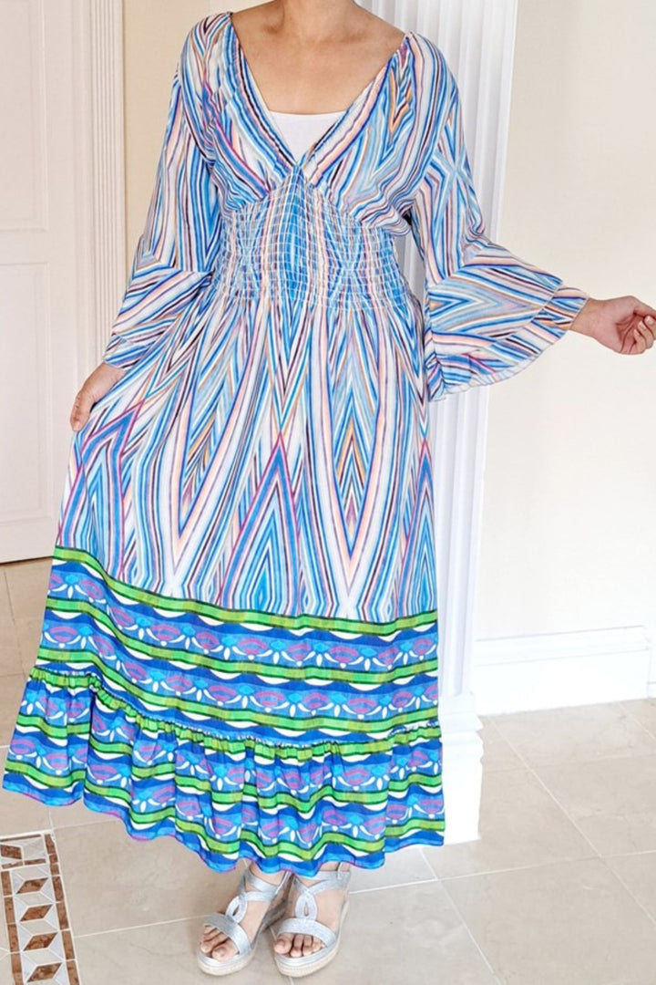 Sky Blue Chevron Striped Shirred Wait Dress