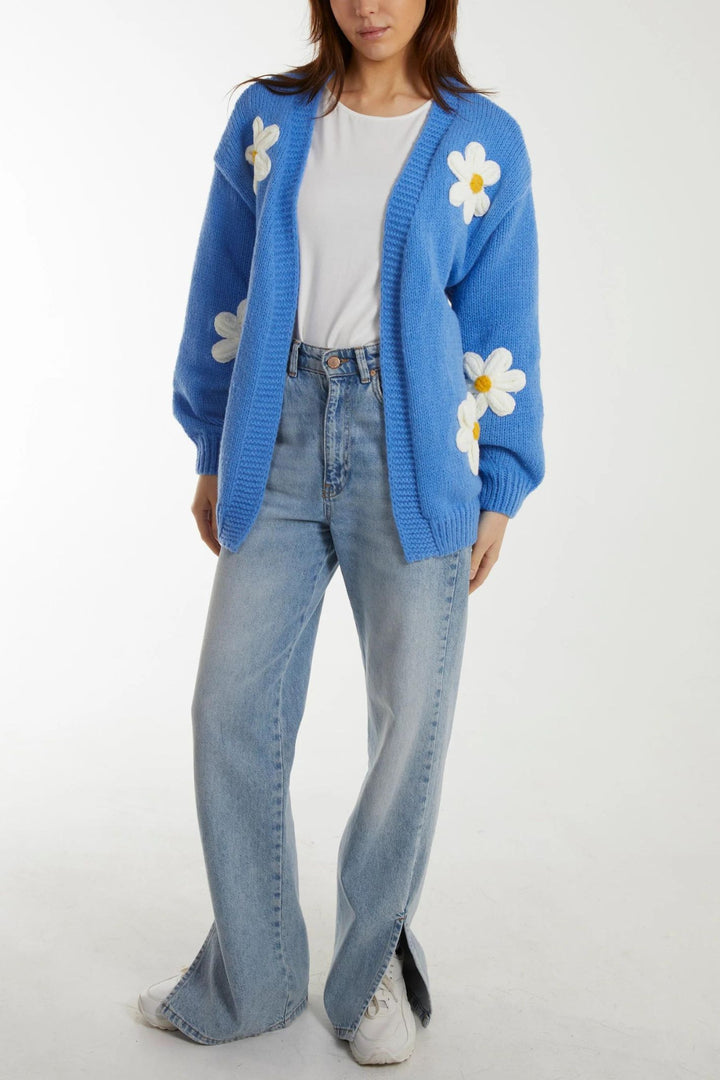 Sky Blue Daisy Embroidered Knit Cardigan