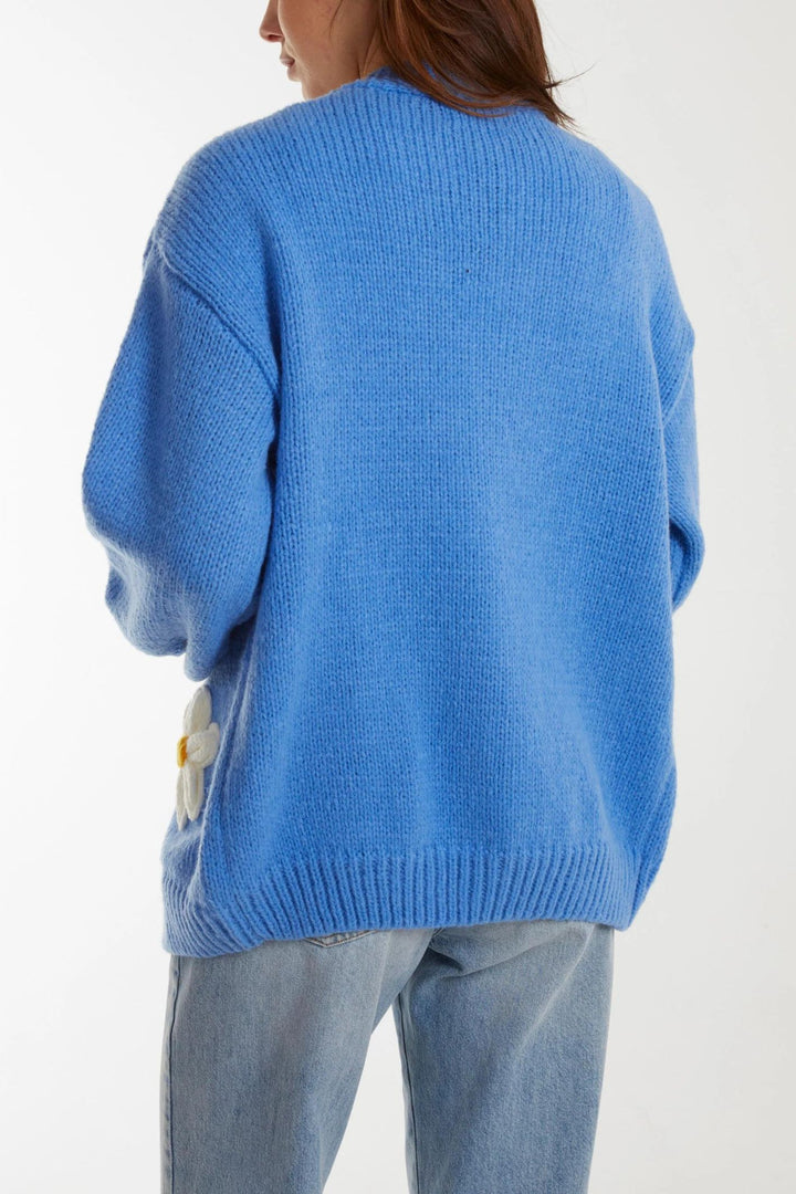 Sky Blue Daisy Embroidered Knit Cardigan