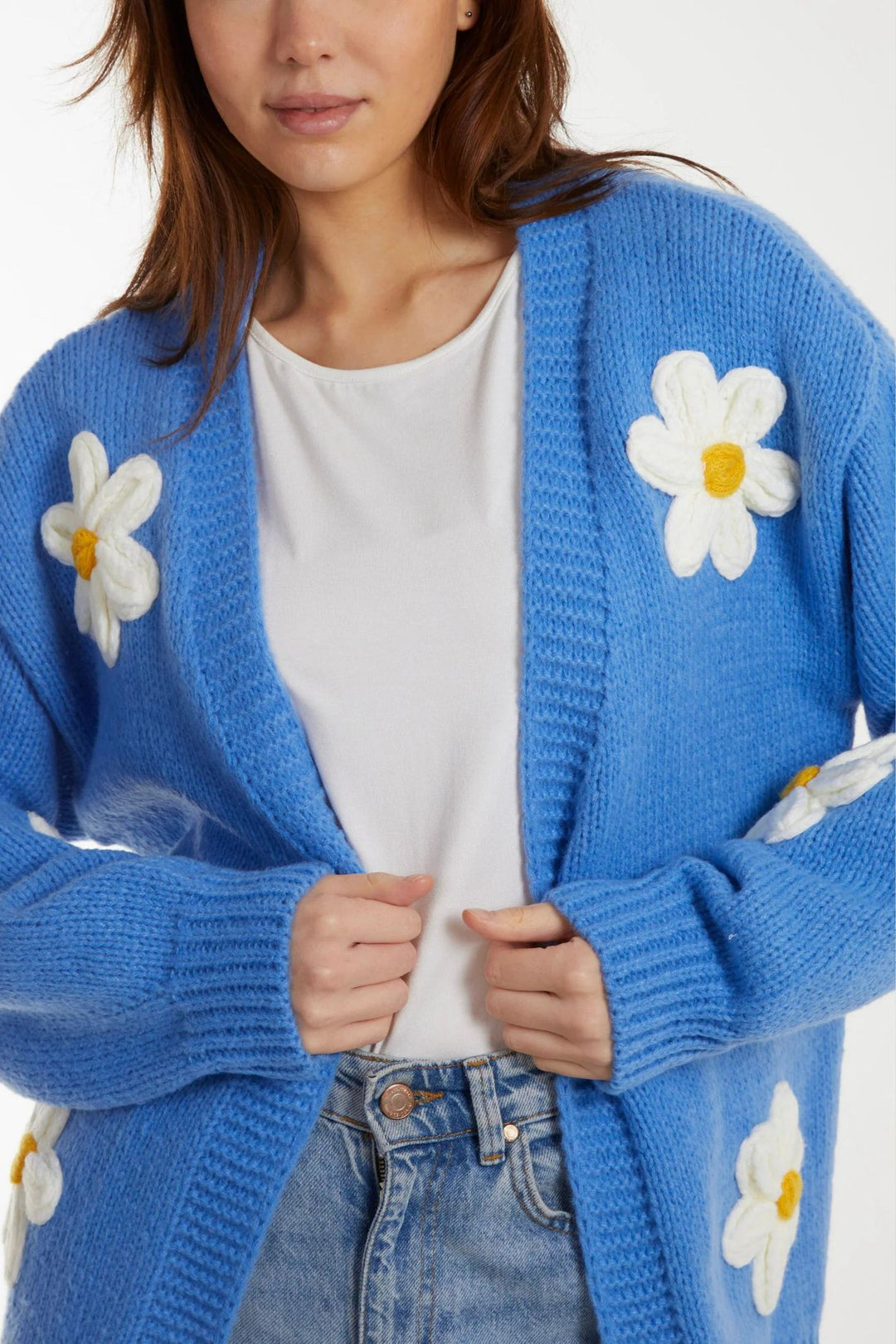 Sky Blue Daisy Embroidered Knit Cardigan
