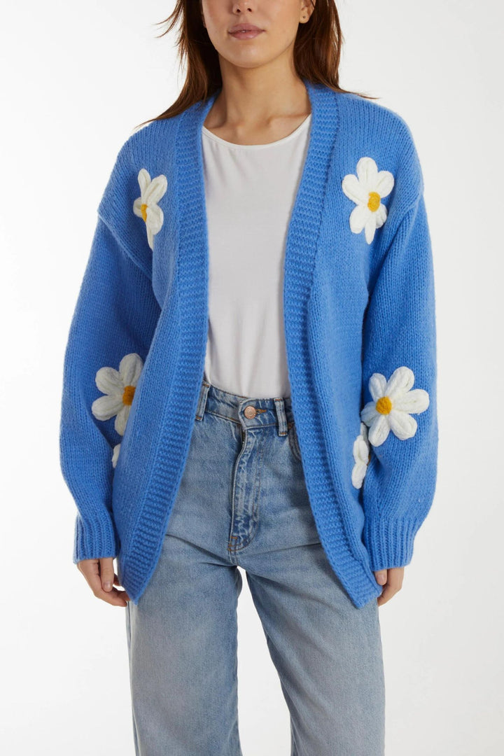 Sky Blue Daisy Embroidered Knit Cardigan