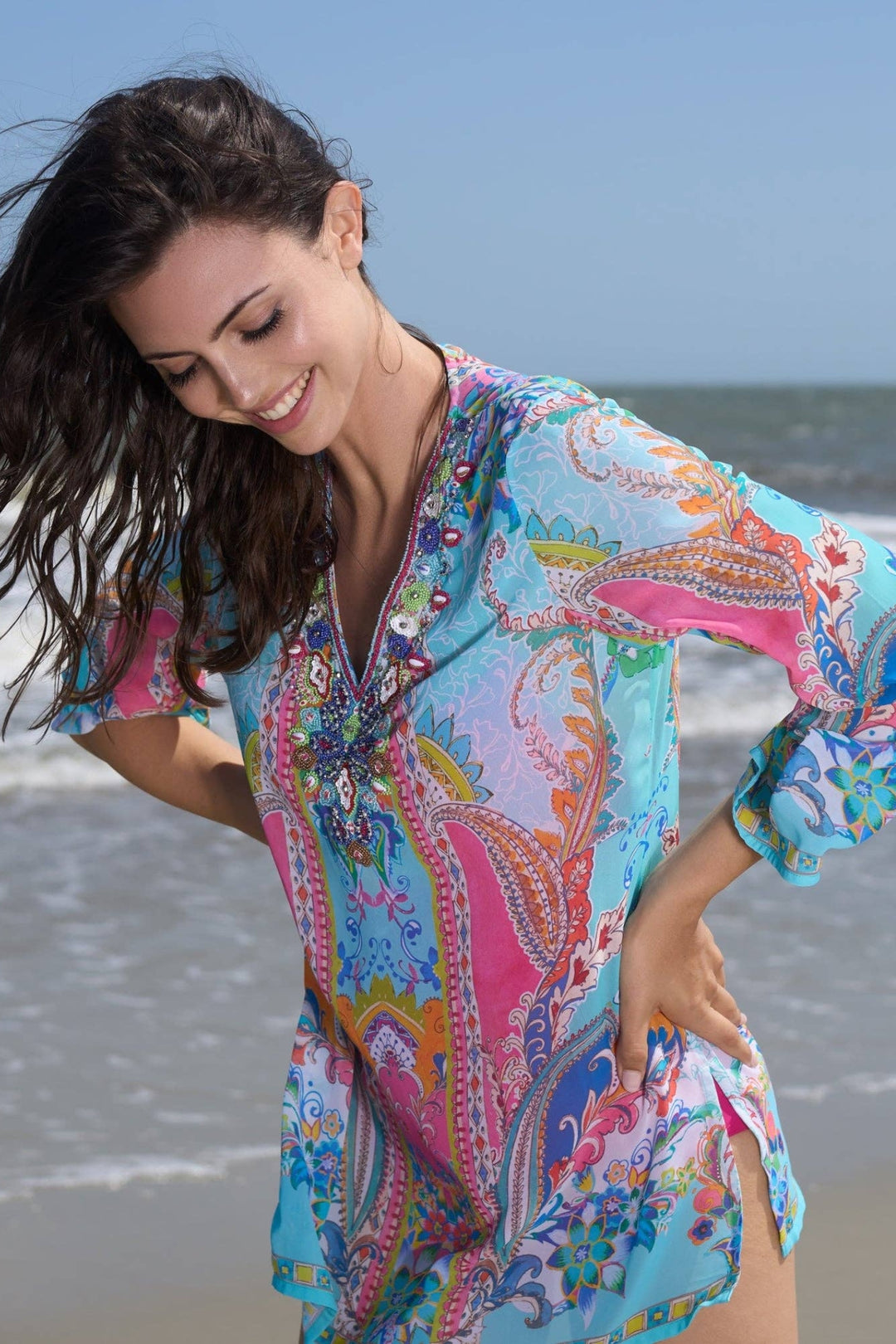 Sky Blue Embellished Cancun Beach Cover-up
