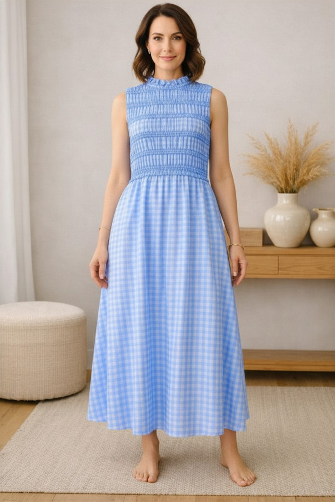 Sky Blue Gingham Shirred Maxi Dress