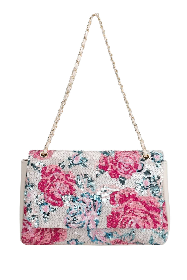 Sparkling Rose Sequin Bag with Chain Strap