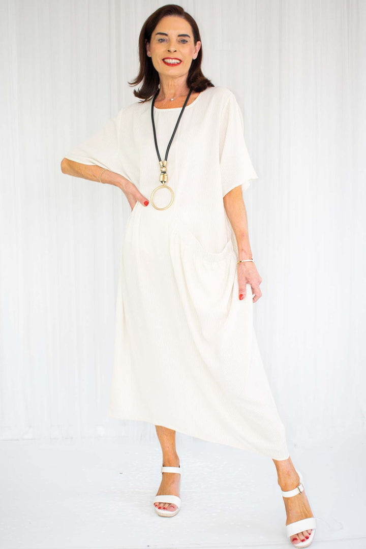 Stone & White Round Neck Slouch Pocket Dress