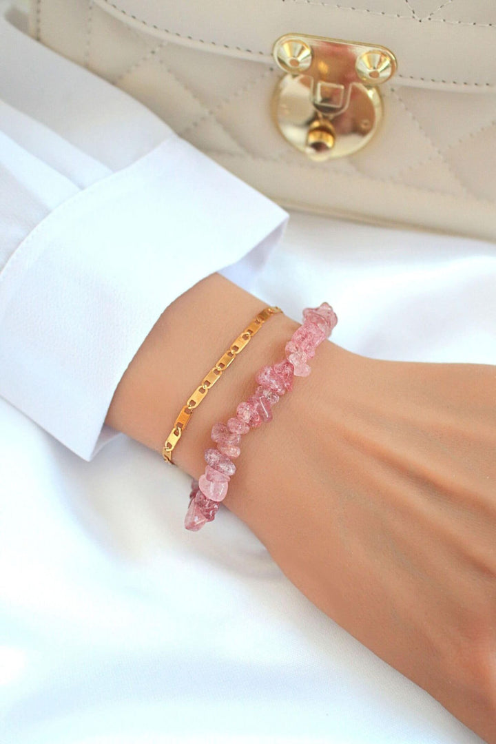 Strawberry Quartz 24K Gold Plated Double Layer Bracelet