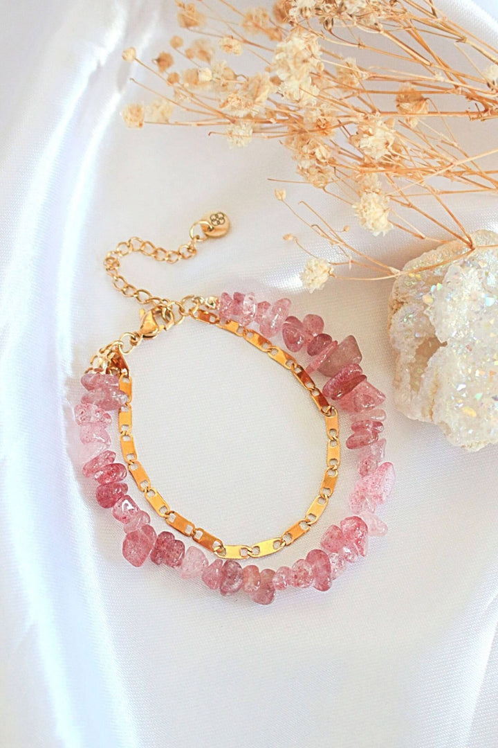 Strawberry Quartz 24K Gold Plated Double Layer Bracelet