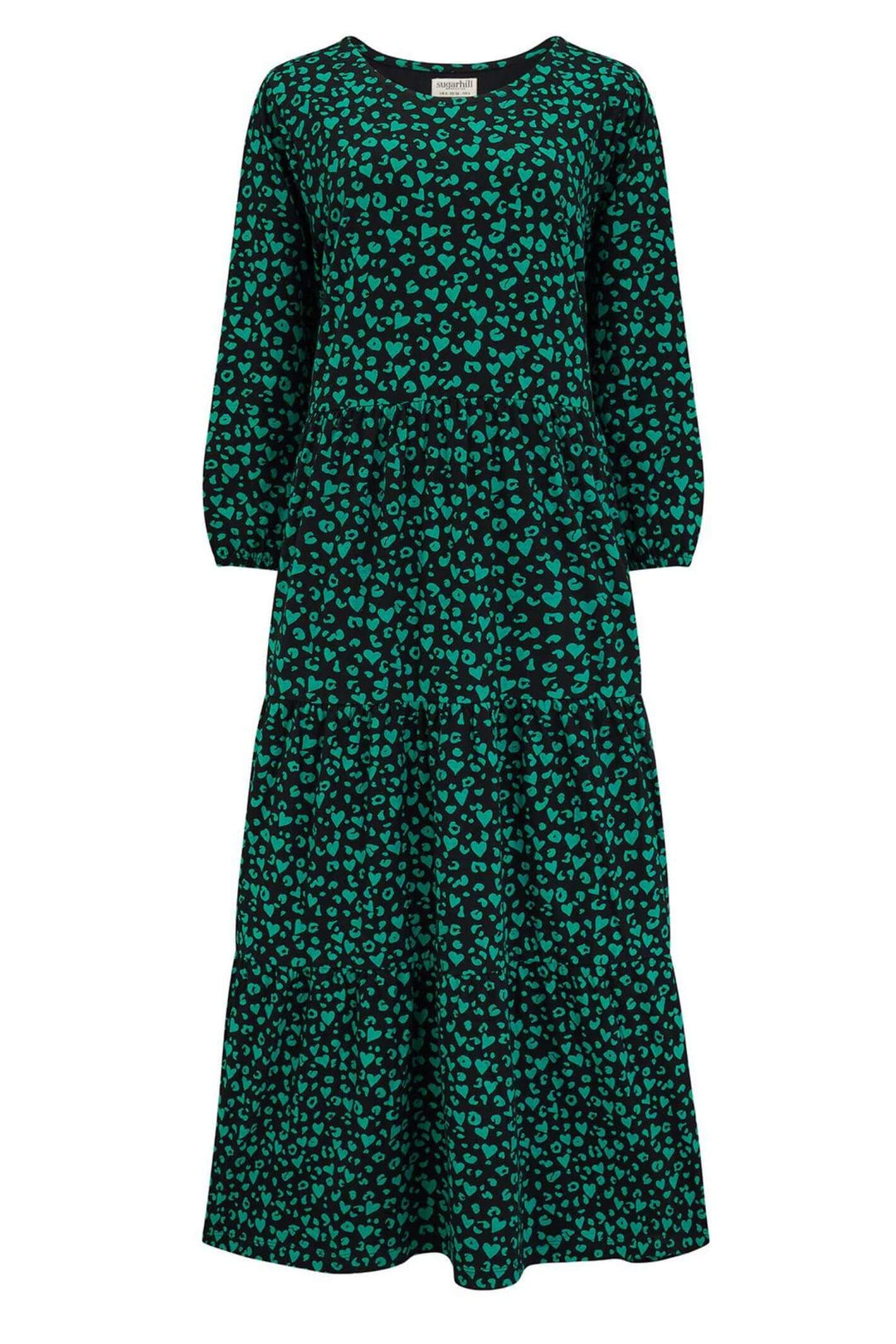 Sugarhill Brighton D1064 Black Bakari Green Leopard Love Jersey Tiered Maxi Dress