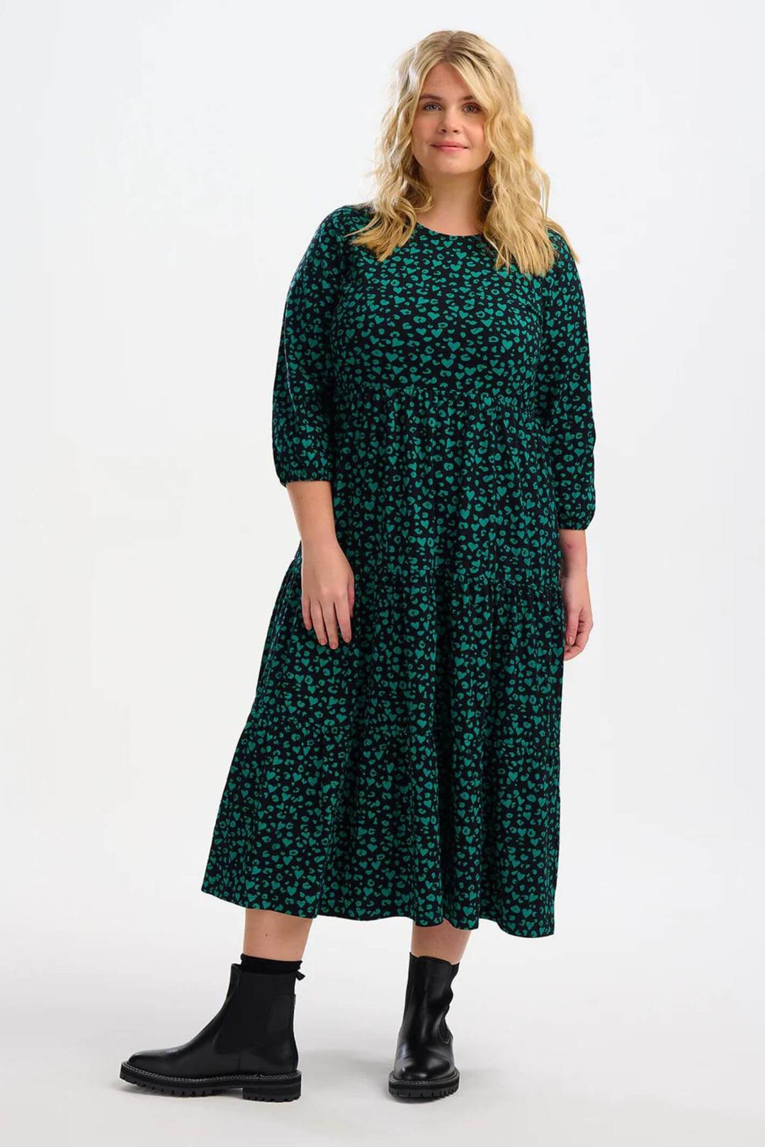 Sugarhill Brighton D1064 Black Bakari Green Leopard Love Jersey Tiered Maxi Dress