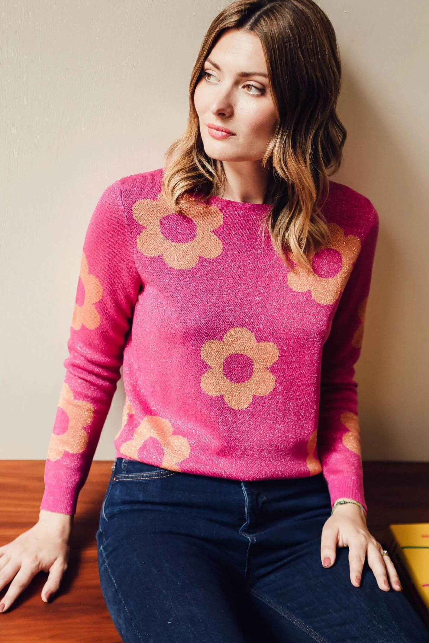 Sugarhill Brighton Rowena Pink Sparkle Flowers Jumper