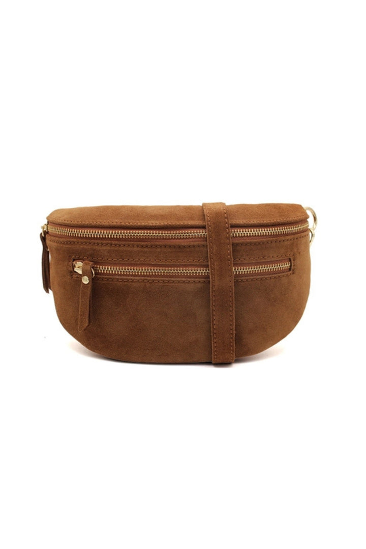Tan Suede Half Moon Crossbody Bag