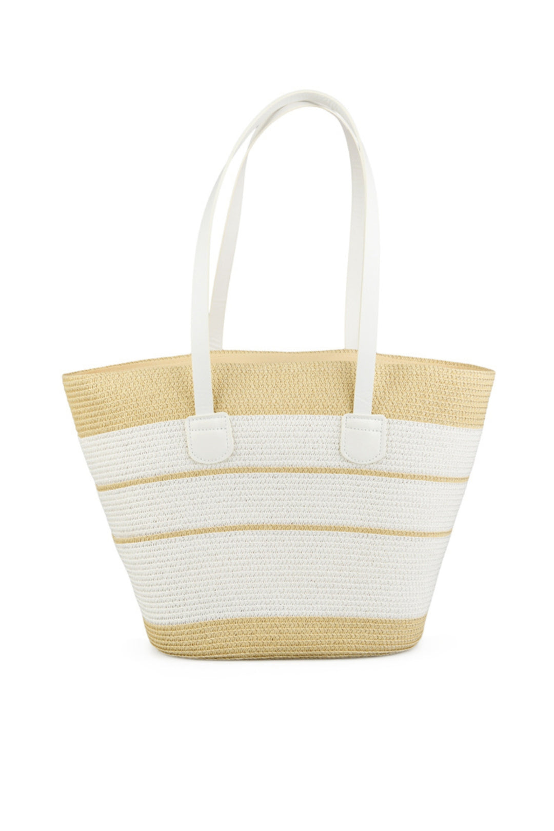 Tan &amp; White Medium Size Striped Straw Basket Bag