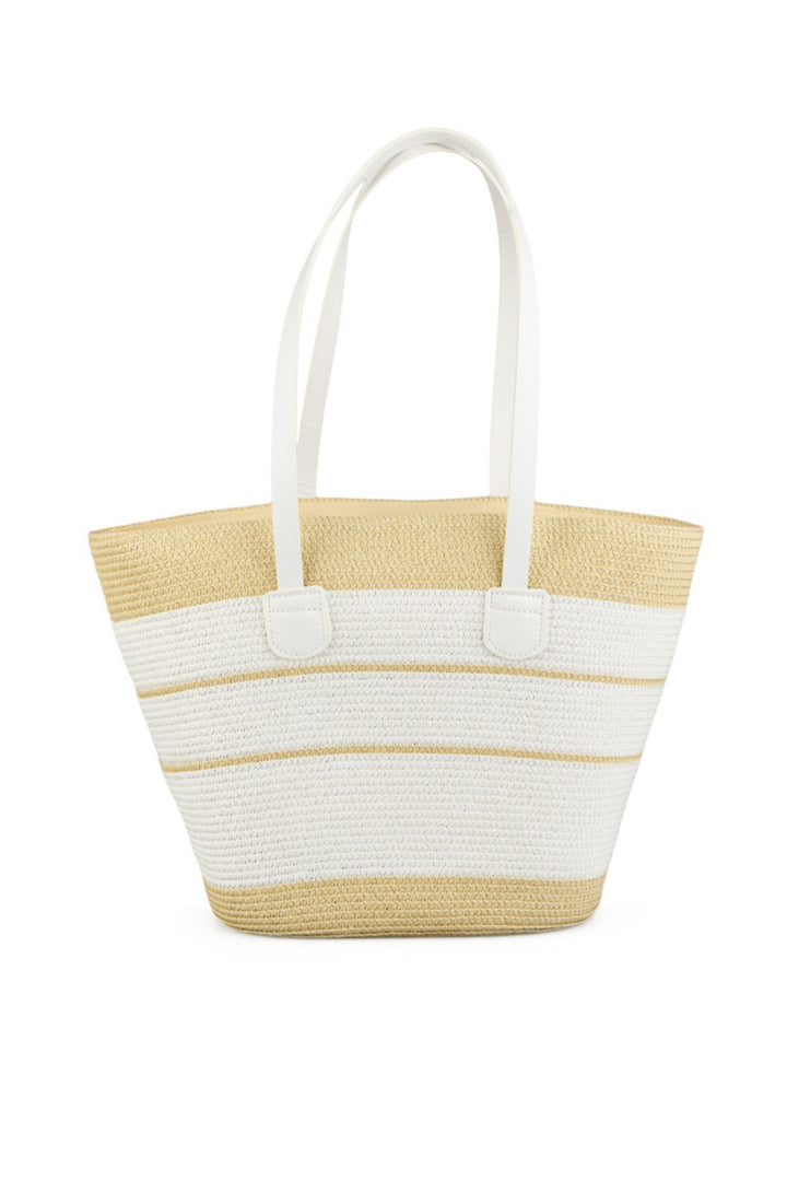 Tan &amp; White Medium Size Striped Straw Basket Bag