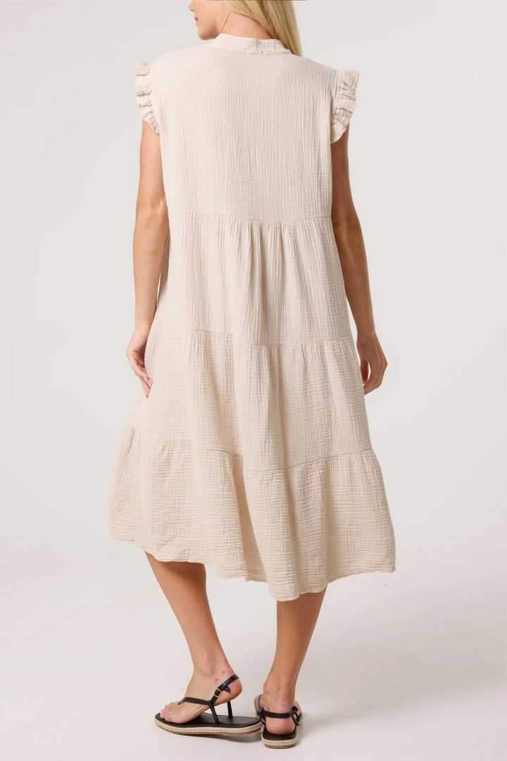 Taupe Cotton Frilled Sleeve Midi Dress