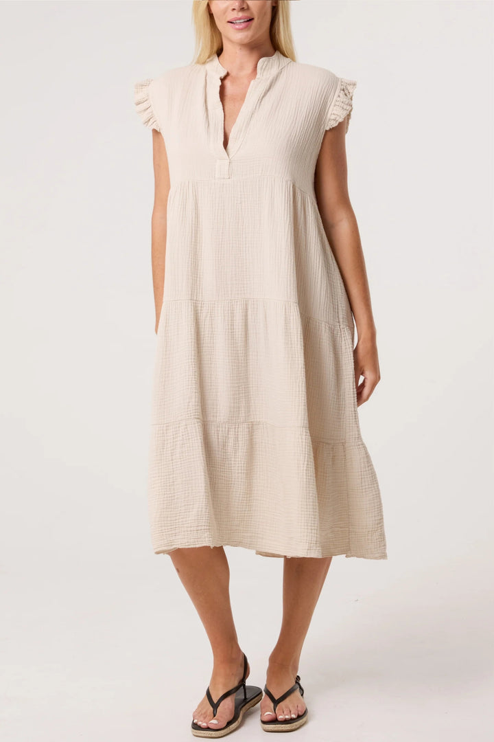 Taupe Cotton Frilled Sleeve Midi Dress