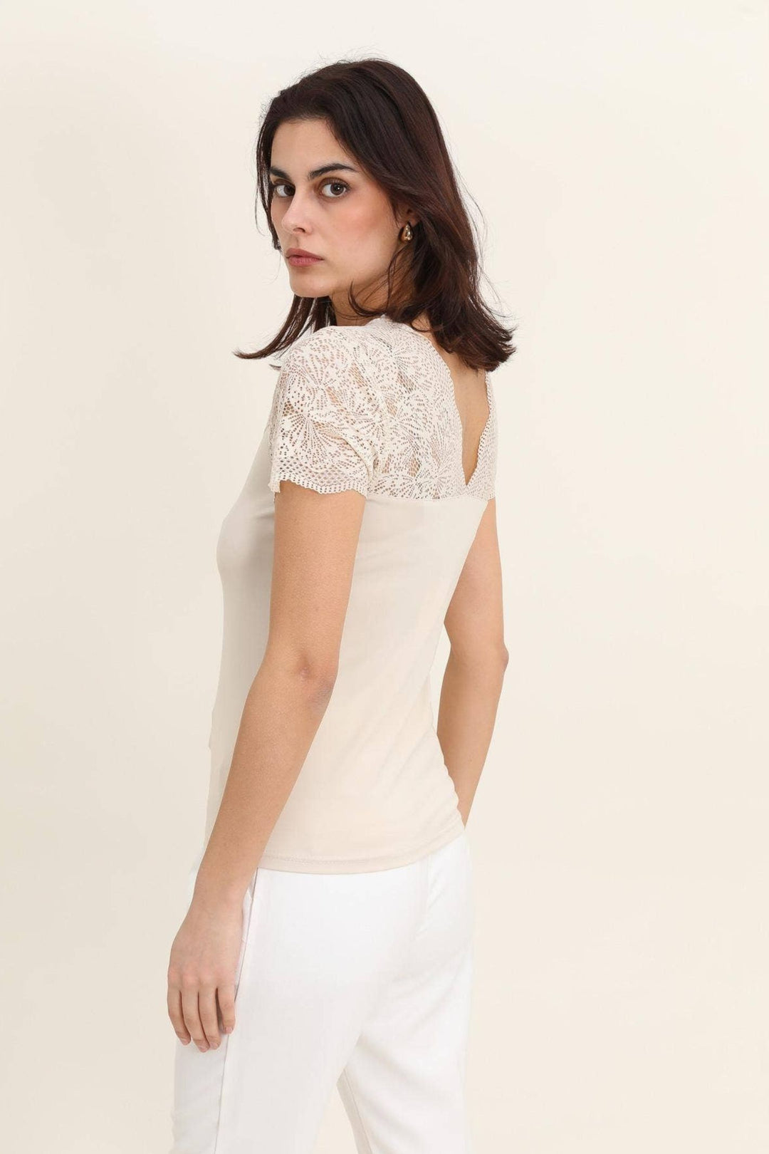 Taupe Lace Shoulder Detail Top