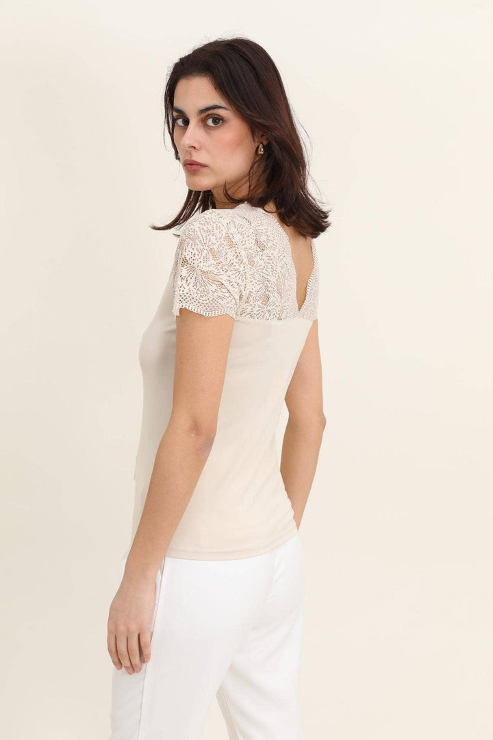 Taupe Lace Shoulder Detail Top
