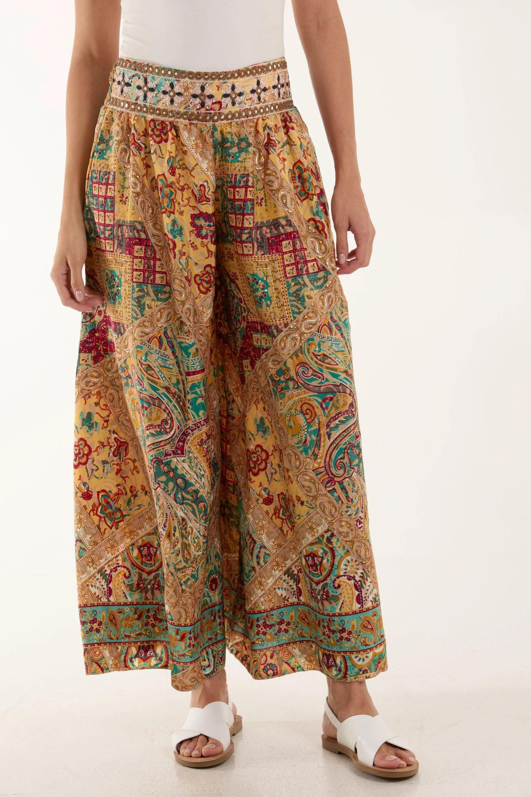Taupe Mosaic Art Print Wide Leg Pull-On Trousers