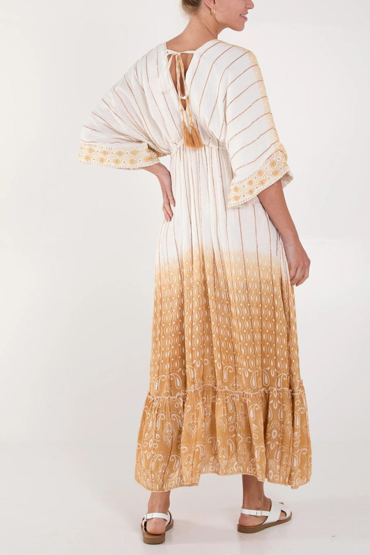 Taupe Ombre Embroidered V-Neck Maxi Dress