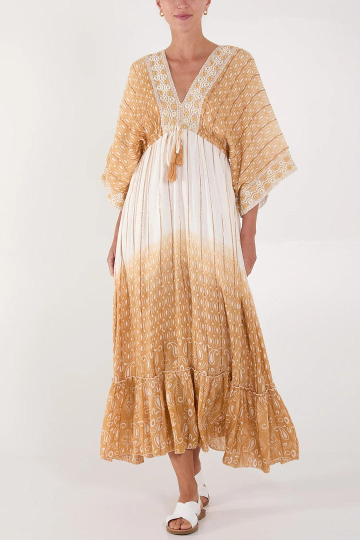 Taupe Ombre Embroidered V-Neck Maxi Dress