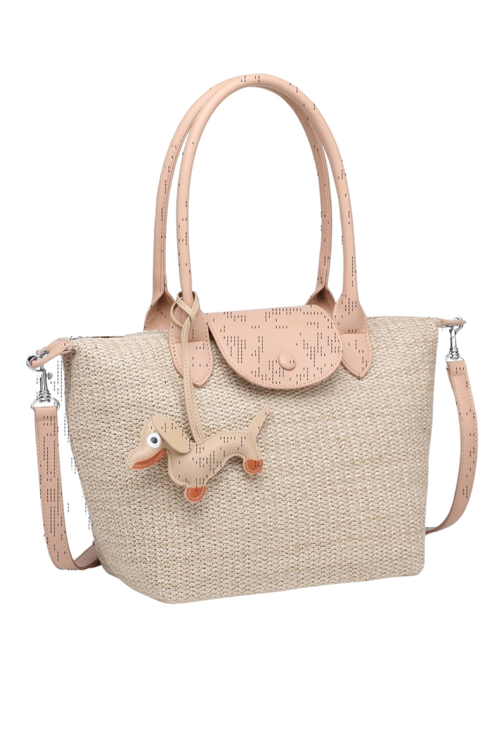 Taupe Sausage Dog Charm Straw Bag
