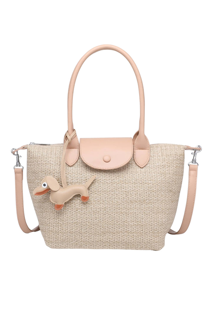 Taupe Sausage Dog Charm Straw Bag