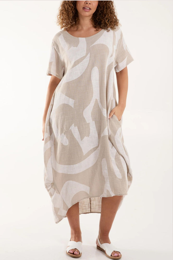 Taupe Swirl Print Lightweight Cocoon Midi Dress