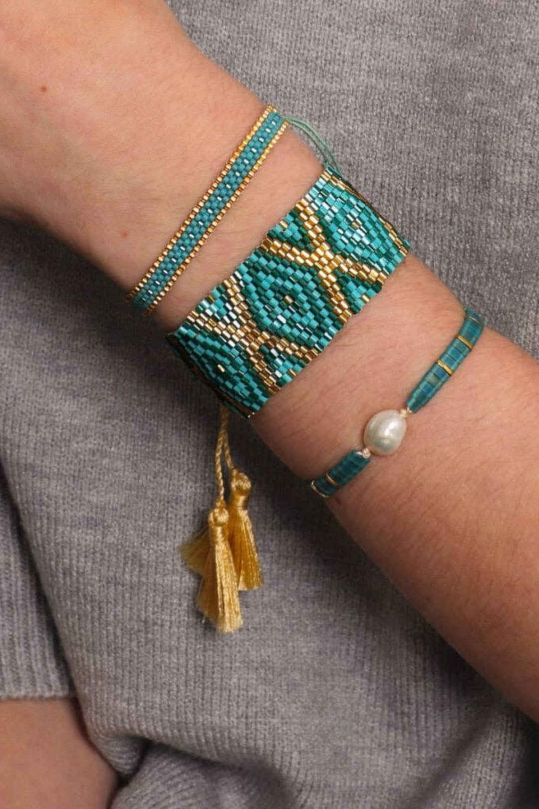 Teal & Gold Hand Beaded Adjustable Cuff Bracelet