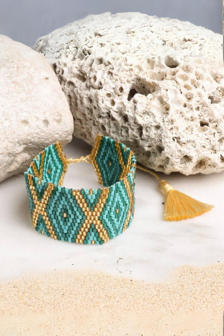 Teal & Gold Hand Beaded Adjustable Cuff Bracelet