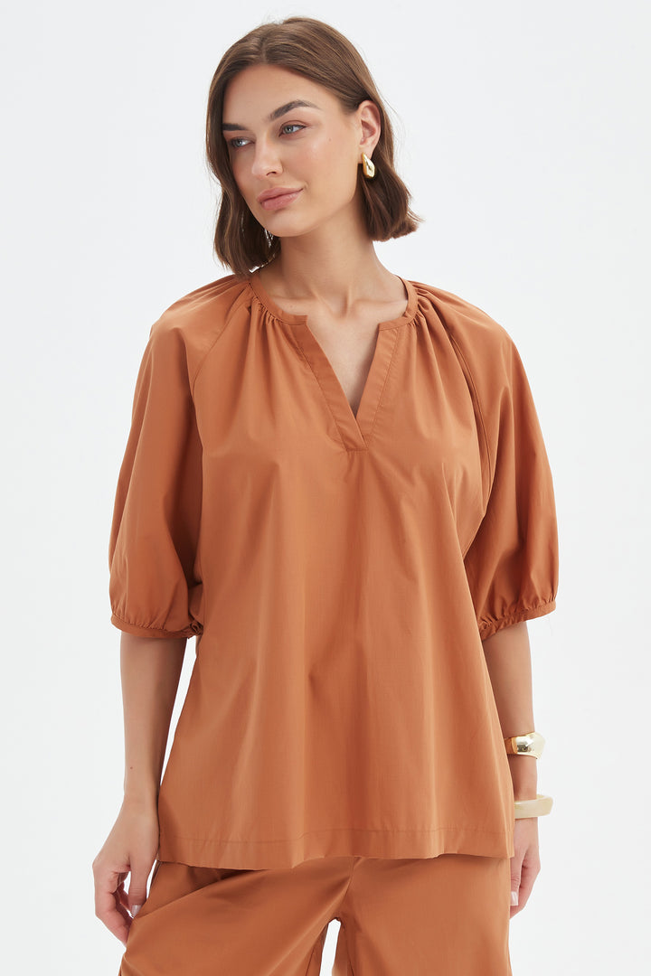 Tirelli 25A3731 Russet Brown Gathered Notch Neck Top