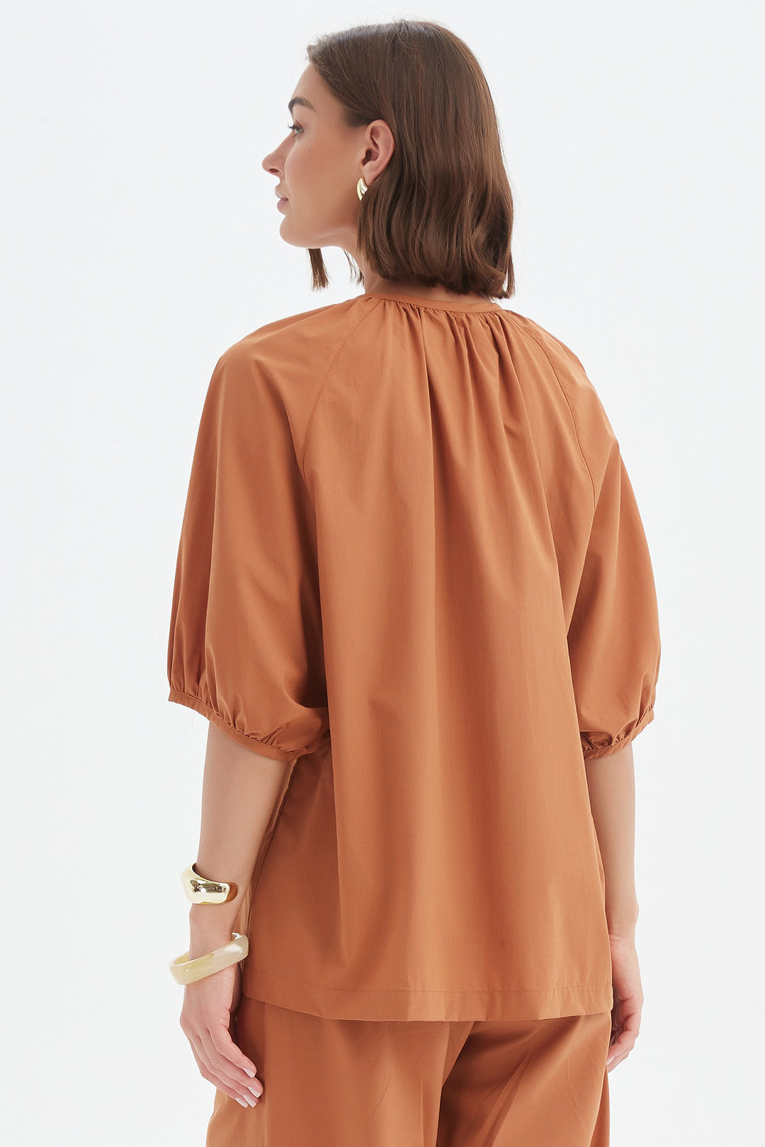 Tirelli 25A3731 Russet Brown Gathered Notch Neck Top