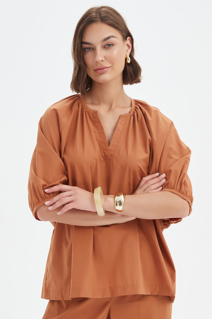 Tirelli 25A3731 Russet Brown Gathered Notch Neck Top