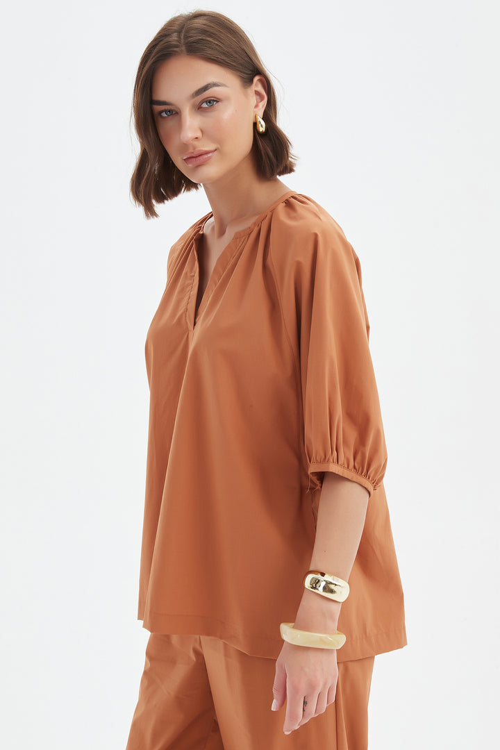Tirelli 25A3731 Russet Brown Gathered Notch Neck Top