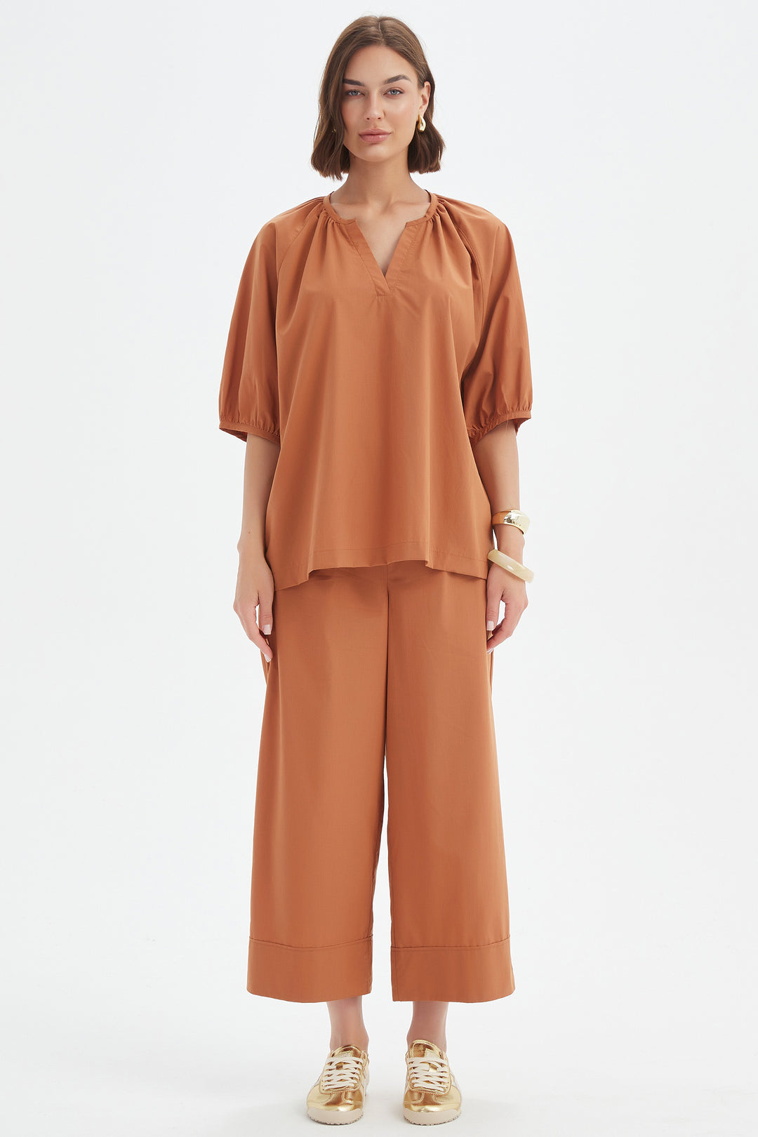 Tirelli 25A3731 Russet Brown Gathered Notch Neck Top