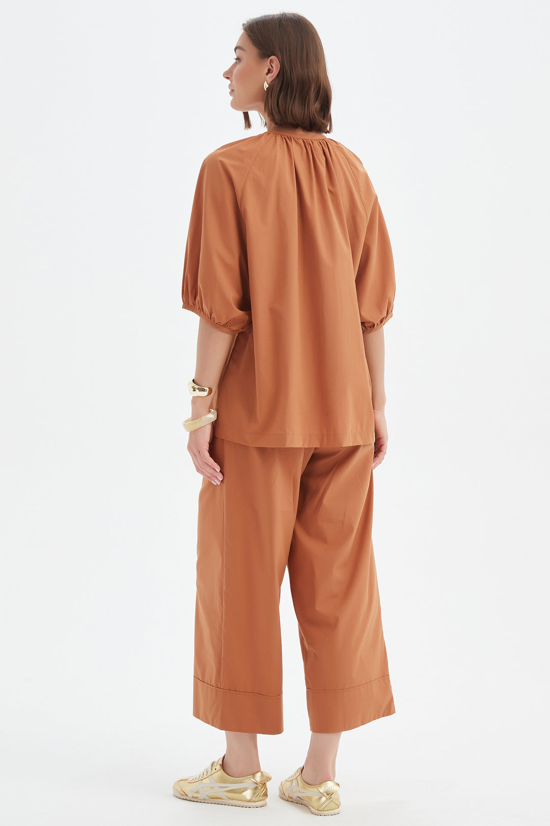 Tirelli 25A3731 Russet Brown Gathered Notch Neck Top