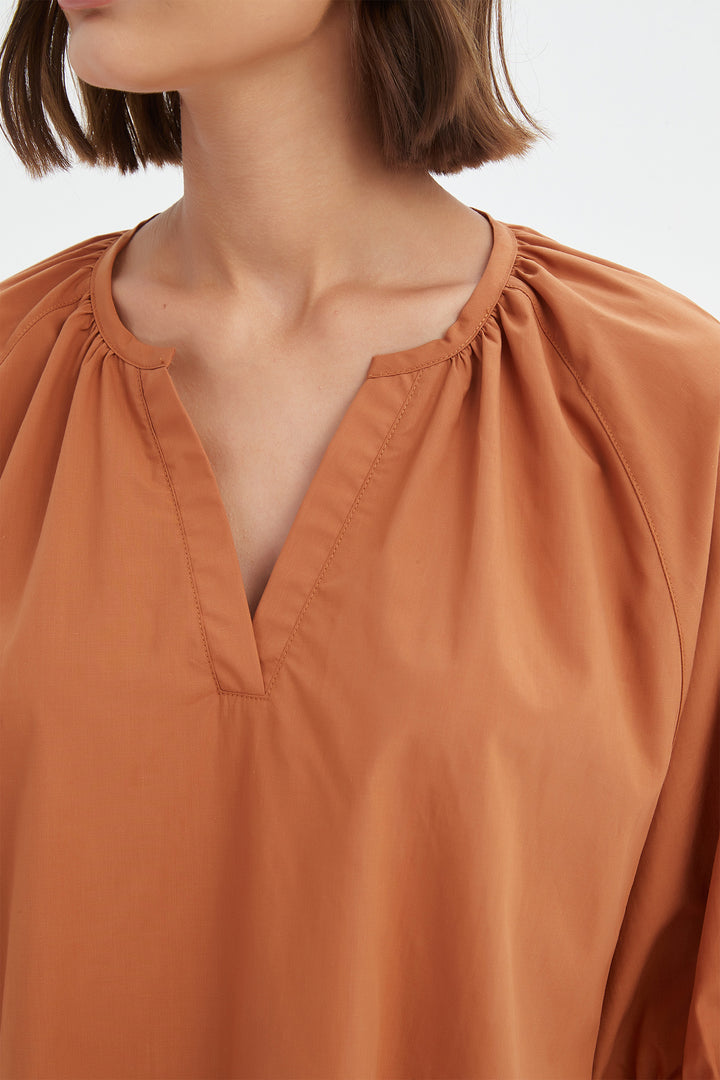 Tirelli 25A3731 Russet Brown Gathered Notch Neck Top